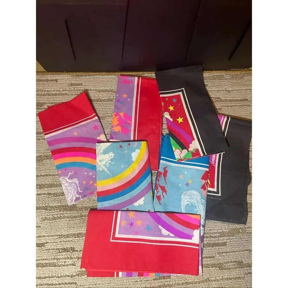 Vintage 80’s Unicorn handkerchief Bandana Stars Rainbow Scarf Mask Curtain USA l